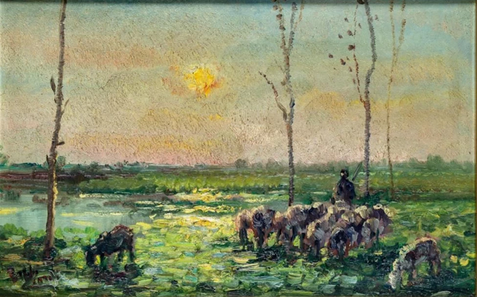Gregge con paesaggio al tramonto